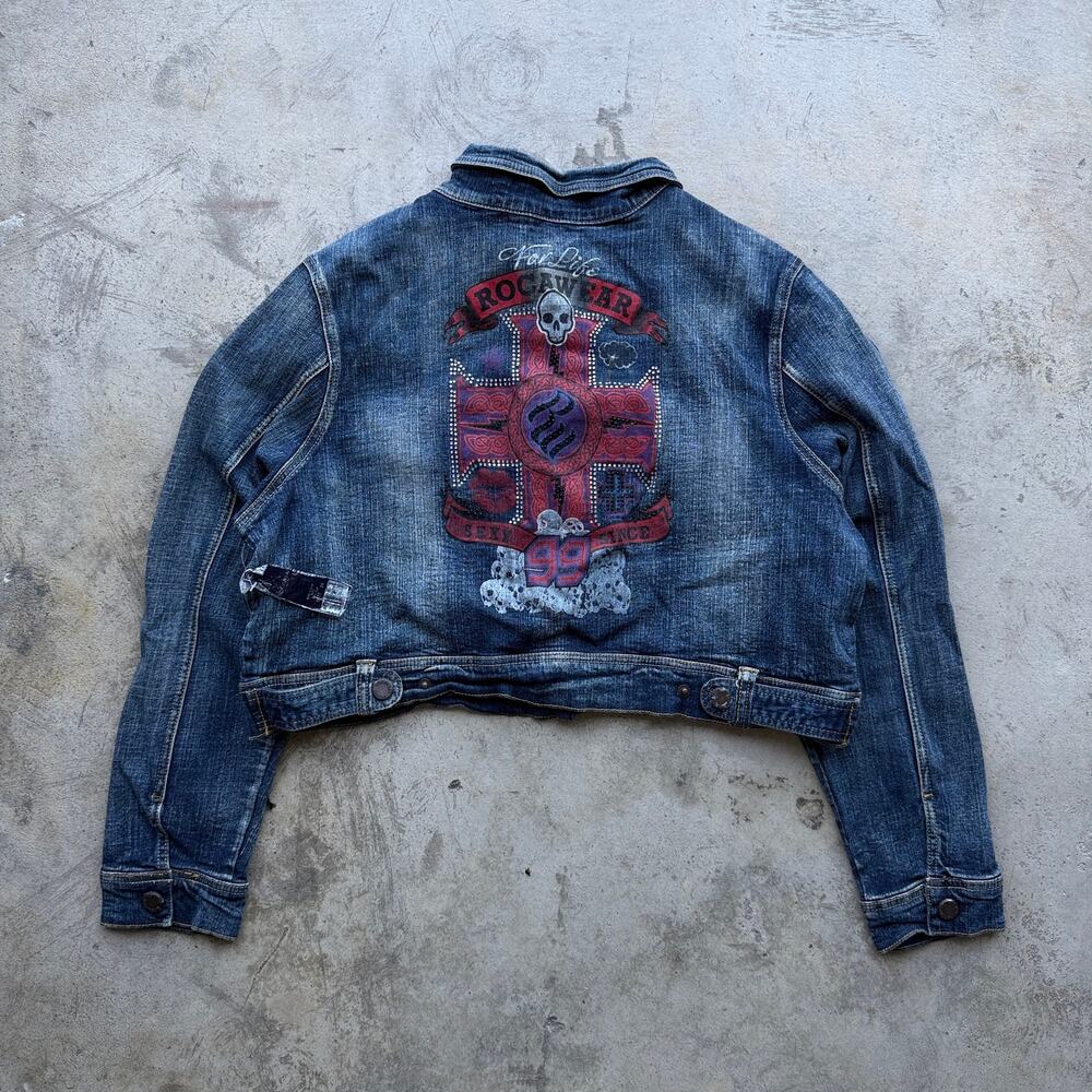 Vintage Y2K Rocawear Cropped Bedazzled Denim Jacket Women’s Large